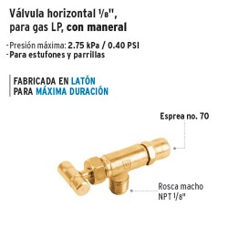 Valvula Horizontal 1/8" para Gas LP con Maneral FOSET