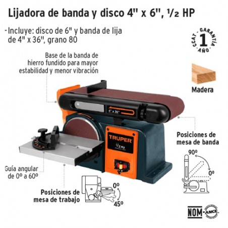 Lijadora de Banda y Disco 4" x 6" 1/2 HP TRUPER