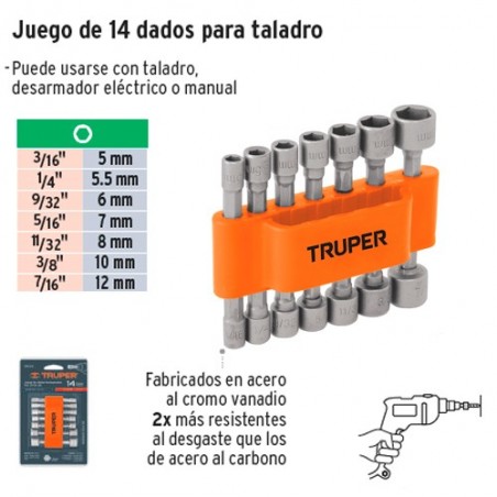 Juego de Dados Magneticos para Taladro 14 Piezas TRUPER