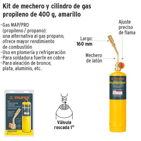 Kit de Mechero y Cilindro de Gas Propileno 400 g Amarillo TRUPER