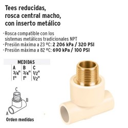 Tee Reducida Rosca Central Macho con Inserto Metalico de CPVC FOSET