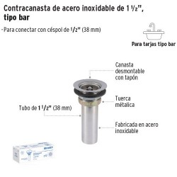 Contracanasta de Acero Inoxidable de 1 1/2" para Tarja tipo Bar FOSET