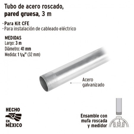 Tubo de Acero Roscado para Mufa 1 1/4" Pared Gruesa 3 m VOLTECK