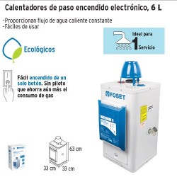 Colentador de Agua de Paso 6 L/min Encendido Electronico FOSET