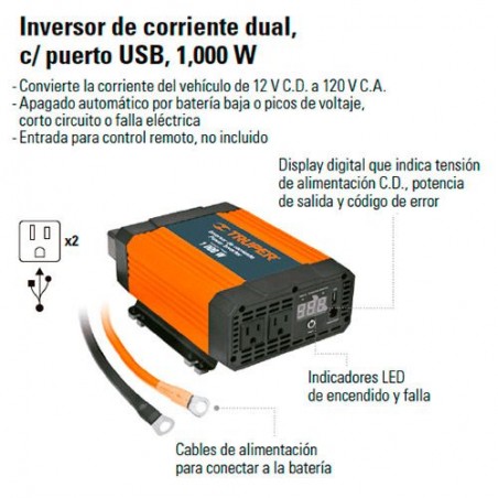 Inversor de Corriente Dual con Puerto USB 1000 W TRUPER