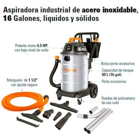 Aspiradora Industrial de Acero Inoxidable 16 Galones TRUPER