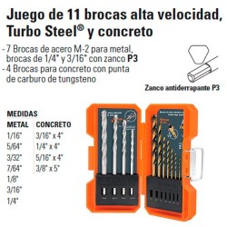 Juego de 11 Brocas Alta Velocidad Turbo Steel y Concreto TRUPER