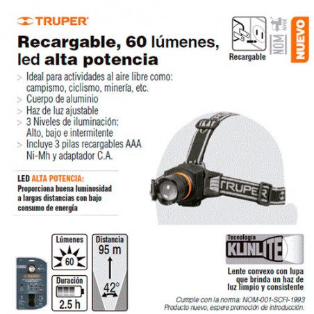 Lampara Cabeza de Pilas Recargables Led 60 Lumenes TRUPER