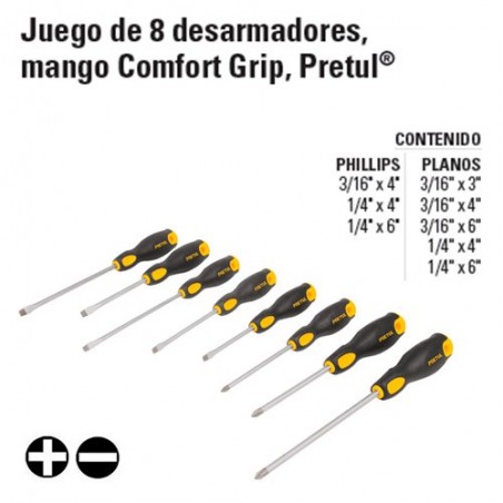 Juego de 8 Desarmadores Mango Comfort Grip PRETUL