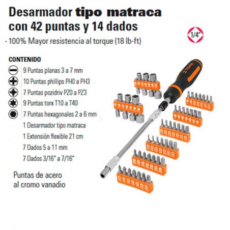 Desarmador Tipo Matraca con 42 Puntas y 14 Dados 1/4" TRUPER