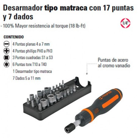 Desarmador Tipo Matraca con 17 Puntas y 7 Dados 1/4" TRUPER