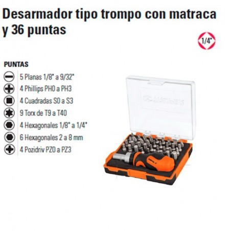 Desarmador Tipo Trompo con Matraca y 36 Puntas 1/4" TRUPER