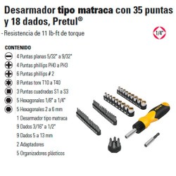 Desarmador Tipo Matraca con 35 Puntas y 18 Dados 1/4" PRETUL