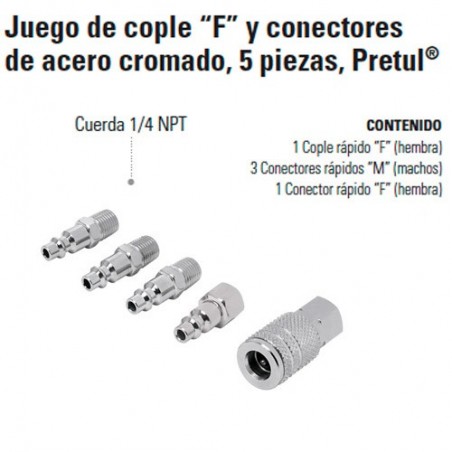 Juego de Cople "F" y Conectores de Acero Cromado 5 Piezas PRETUL