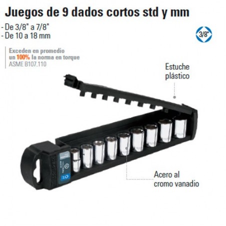 Juego de 9 Dados Cortos STD y MM 3/8" TRUPER