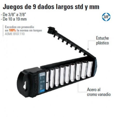 Juego de 9 Dados Largos STD y MM 3/8" TRUPER