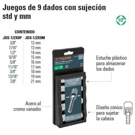 Juego de 9 Dados con Sujeción 1/2" TRUPER