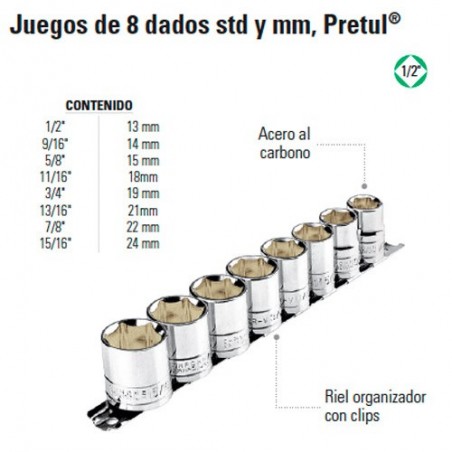 Juego de 8 Dados 1/2" PRETUL