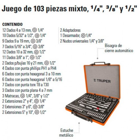 Juego de Dados 103 Piezas Mixto 1/4" 3/8" y 1/2" TRUPER