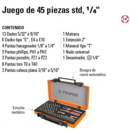 Juego de Dados 45 Piezas STD 1/4" TRUPER