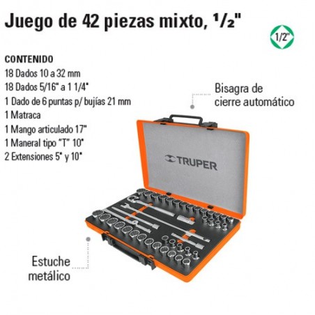 Juego de Dados 42 Piezas Mixto 1/2" TRUPER