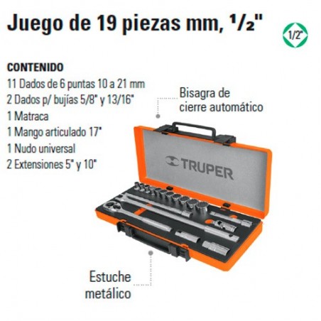 Juego de Dados 19 Piezas MM 1/2" TRUPER