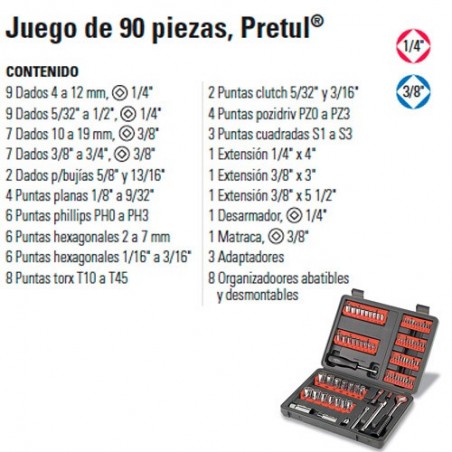 Juego de Dados 90 Piezas 1/4" y 3/8" PRETUL