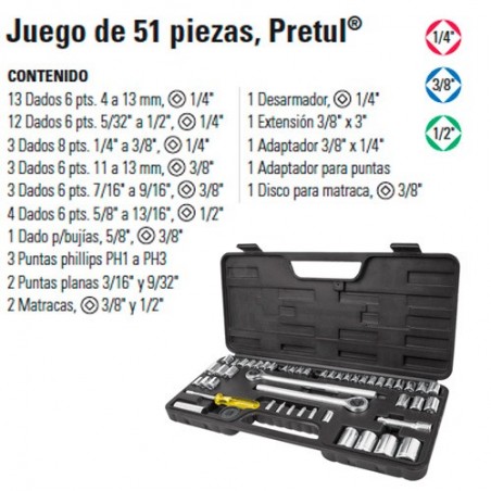 Juego de Dados 51 Piezas 1/4" 3/8" y 1/2" TRUPER