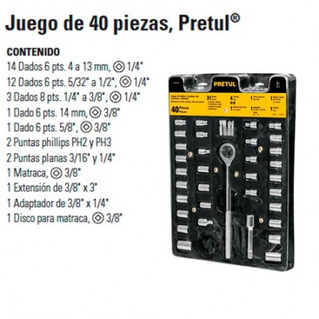 Juego de Dados 40 Piezas 1/4" y 3/8" PRETUL