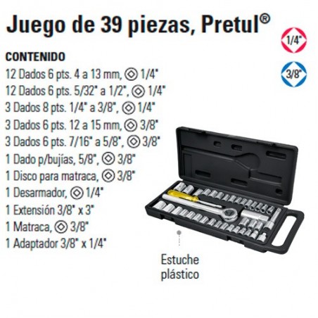 Juego de Dados 39 Piezas 1/4" y 3/8" PRETUL