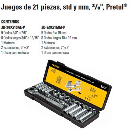 Juego de Dados 21 Piezas 3/8" PRETUL