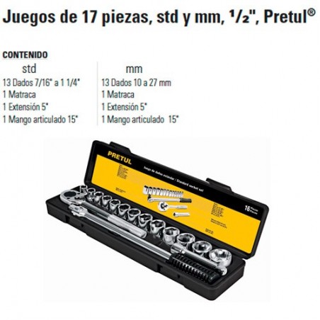 Juego de Dados 17 Piezas 1/2" PRETUL