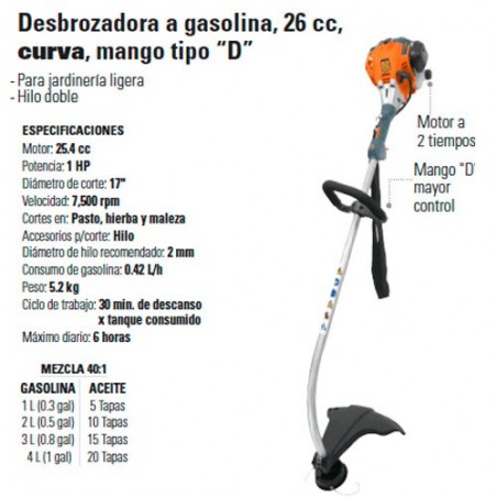 Desbrozadora a Gasolina 26 cc Curva Mango Tipo "D" TRUPER