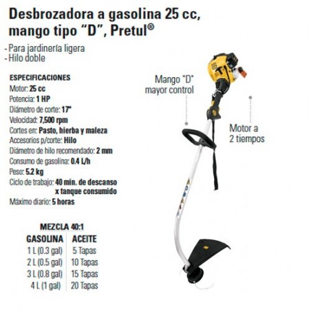 Desbrozadora a Gasolina 25 cc Mango Tipo "D" PRETUL