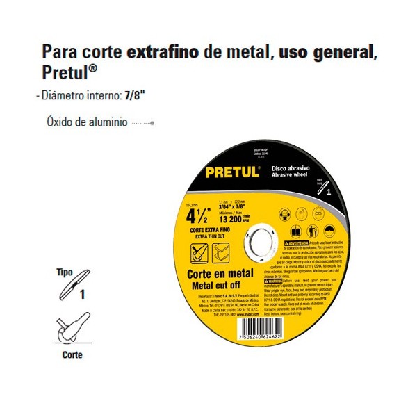 Disco Abrasivo Para Corte Extrafino de Metal Alto Rendimiento Uso General PRETUL