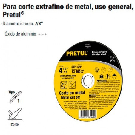 Disco Abrasivo Para Corte Extrafino de Metal Alto Rendimiento Uso General PRETUL