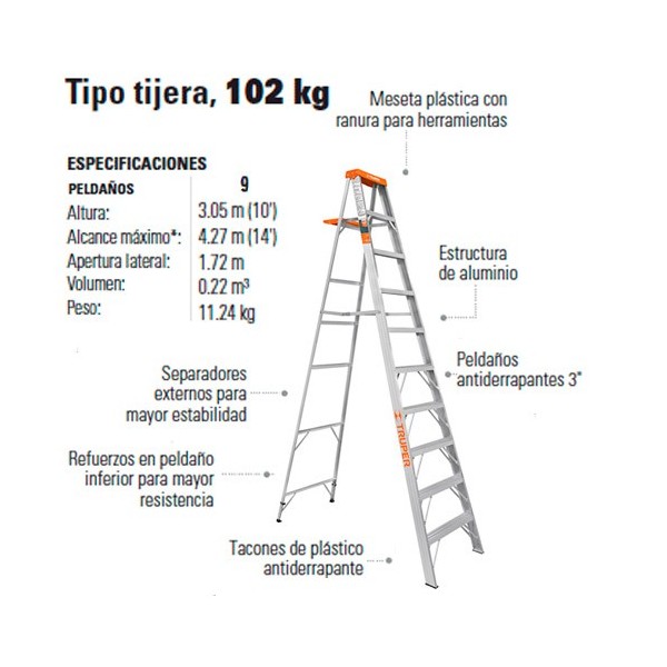 Escalera telescópica,13 peldaños, tipo II, capacidad 102kg