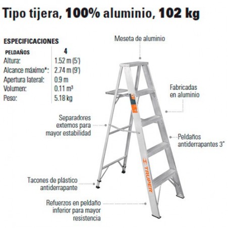 Escalera Tipo Tijera 100% Aluminio 102 kg TRUPER