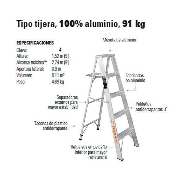Escalera Tipo tijera 100% Aluminio 91 kg TRUPER
