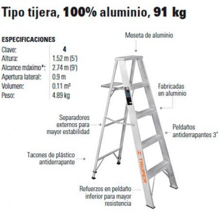 Escalera Tipo tijera 100% Aluminio 91 kg TRUPER