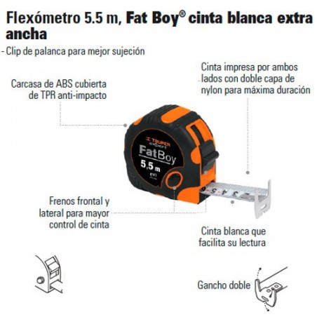 Flexómetro 5.5 m Fat Boy® Cinta Blanca Extra Ancha TRUPER