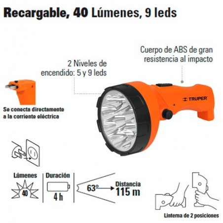 Linterna Plástica Recargable 40 Lúmenes 9 Leds TRUPER