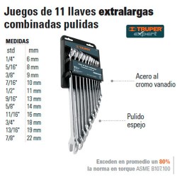 Juego de 11 Llaves Extralargas Combinadas Pulidas TRUPER