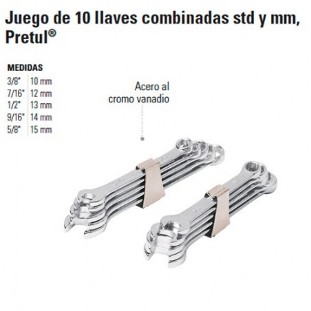 Juego de 10 Llaves Combinadas STD y MM PRETUL