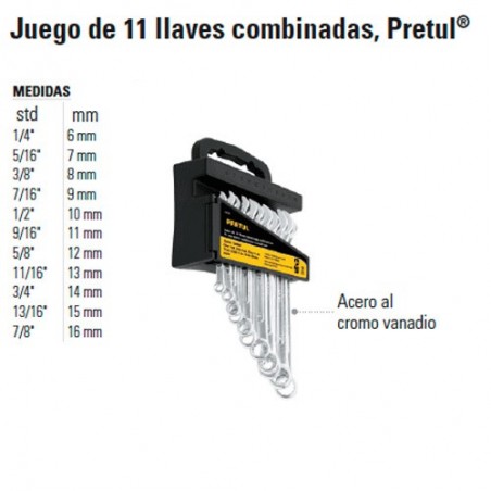 Juego de 11 Llaves Combinadas PRETUL