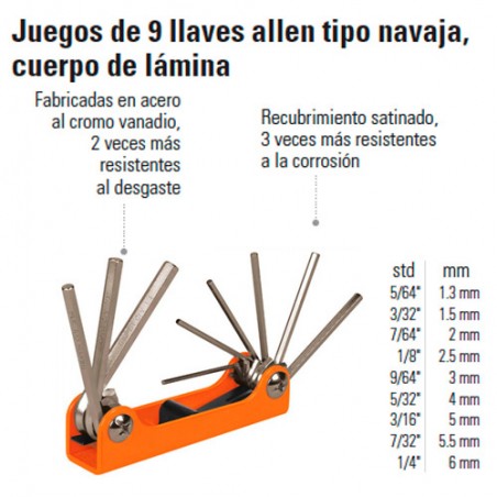 Juego de 9 Llaves Allen Tipo Navaja Cuerpo de Lámina TRUPER