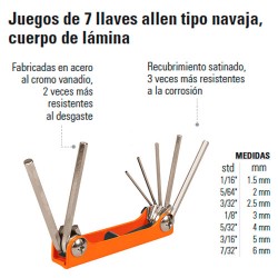 Juego de 7 Llaves Allen Tipo Navaja Cuerpo de Lámina TRUPER