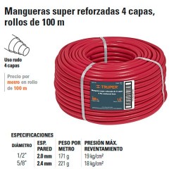 Manguera Super Reforzada 4 Capas Rollo de 100 m TRUPER