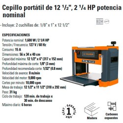 Cepillo Portátil de 12 1/2" 2 1/4 HP Potencia Nominal TRUPER