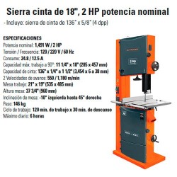 Sierra Cinta de 18" 2 HP Potencia Nominal TRUPER